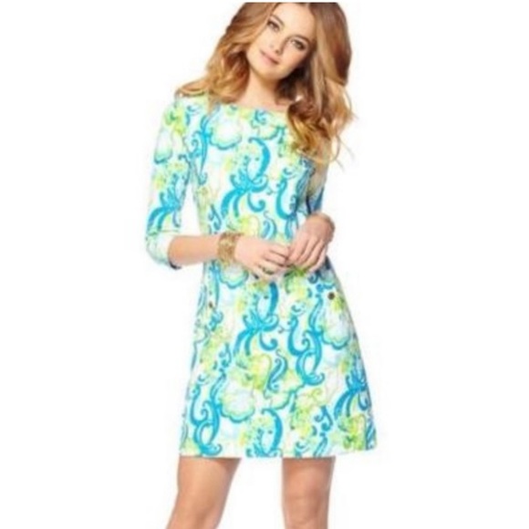 LILLY PULITZER Crystal Coast Charlene
Shift Dress, 3/4 sleeve, blue / green - Picture 1 of 6